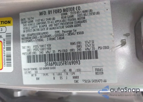 2015 Ford Fusion Hybrid Se from USA, damaged, VIN 3FA6P0LU5FR169093